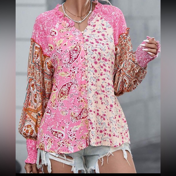 Boho Floral Patched Print Cuff Long Sleeve Trimmed Top Blouse Shirt - Picture 5 of 5